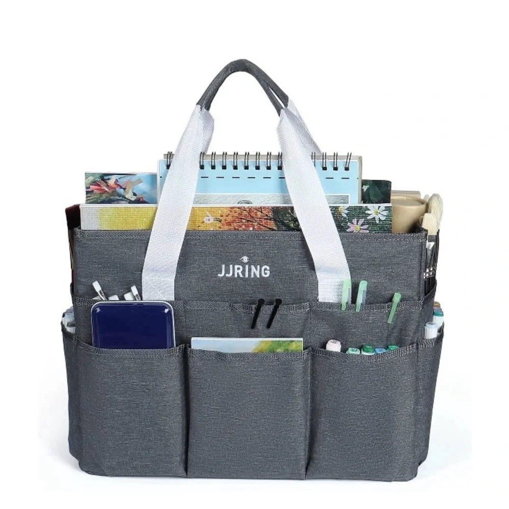 Ring Gray and White Canvas Organizer Tote with Multiple Exterior Pockets